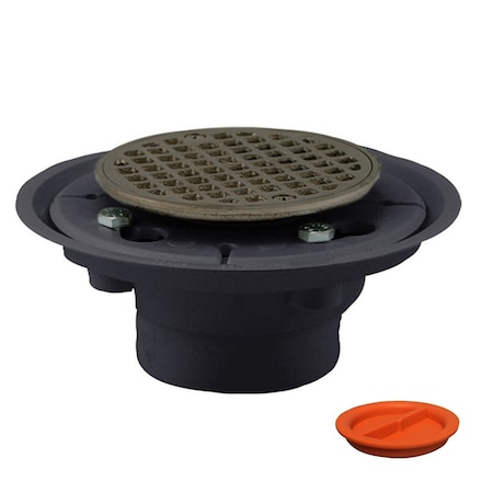 Jones Stephens 2inX3in PVC Shower Drain with 2in PVC Spud and 4in Round Brushed Nickel Strainer with Test Plug D5001BNTP